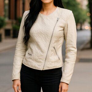 Zara Jacket Moto Asymmetric Textured Women Cream Oatmeal Women's Size Small